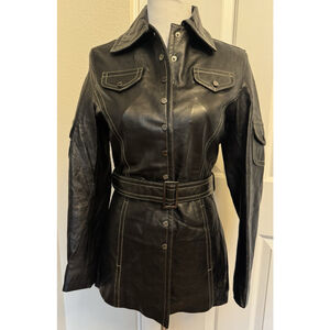 Y2K Wilsons Leather Black Belted Jacket XS Genuine Leather Moto Trench Leopard